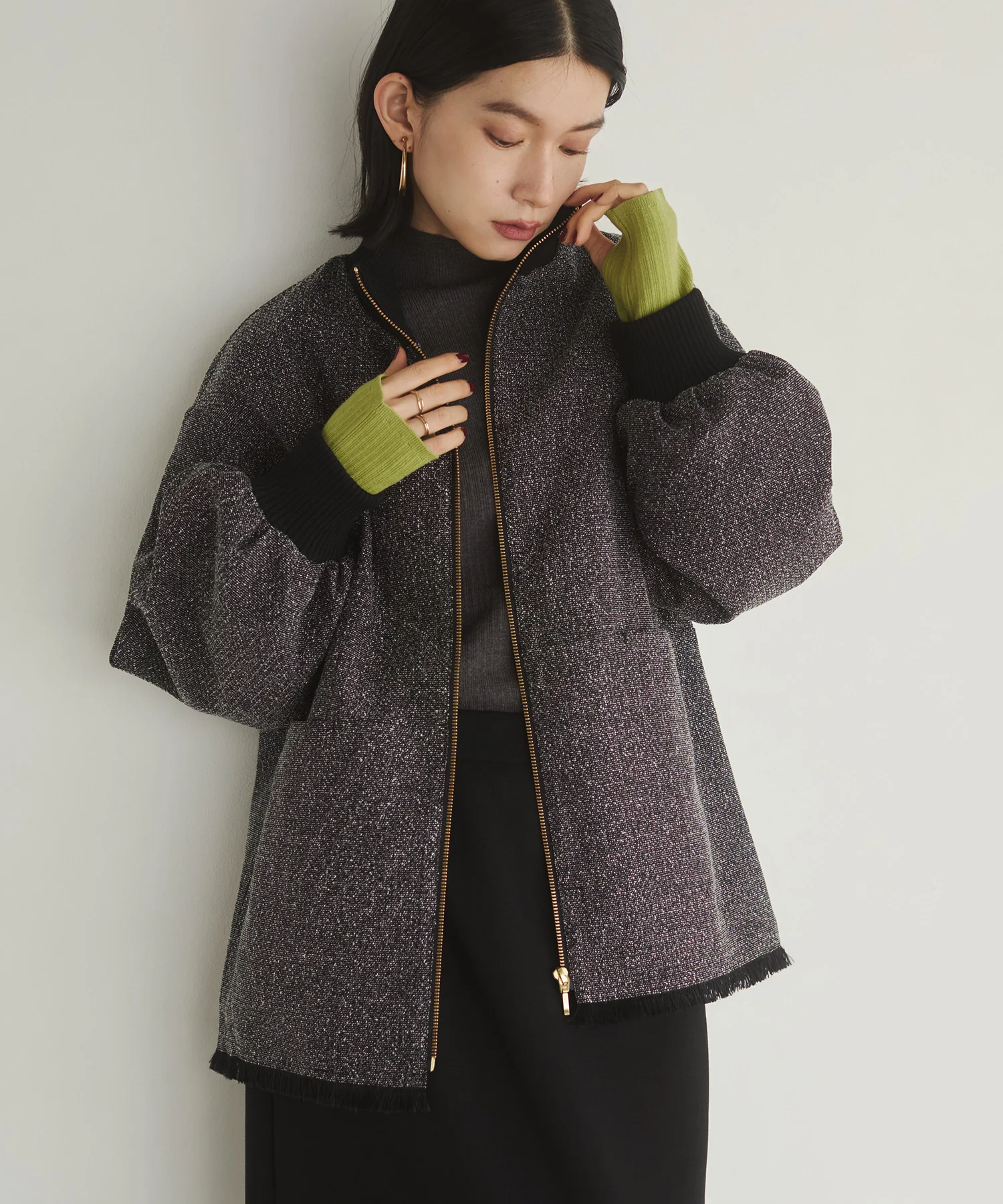 スタンドカラー ツィードブルゾン