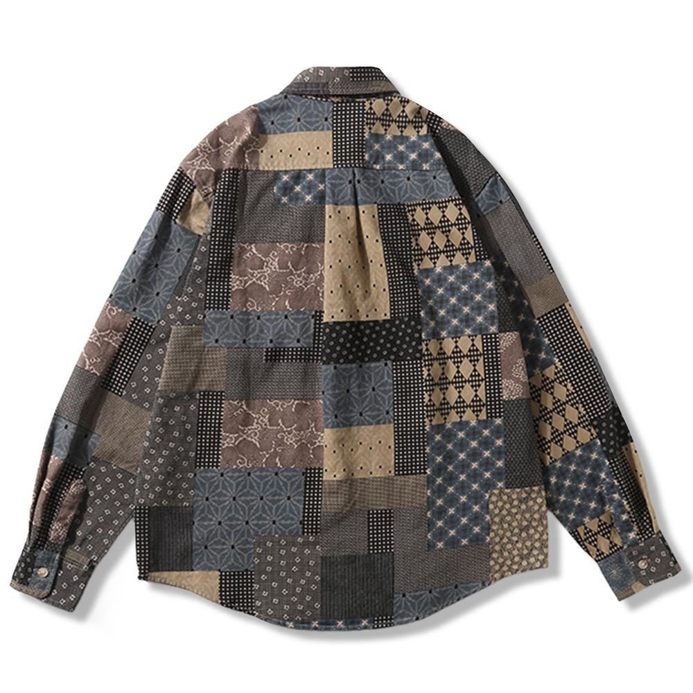 ヴィンテージ感　襤褸風パッチワークプリント長袖シャツ