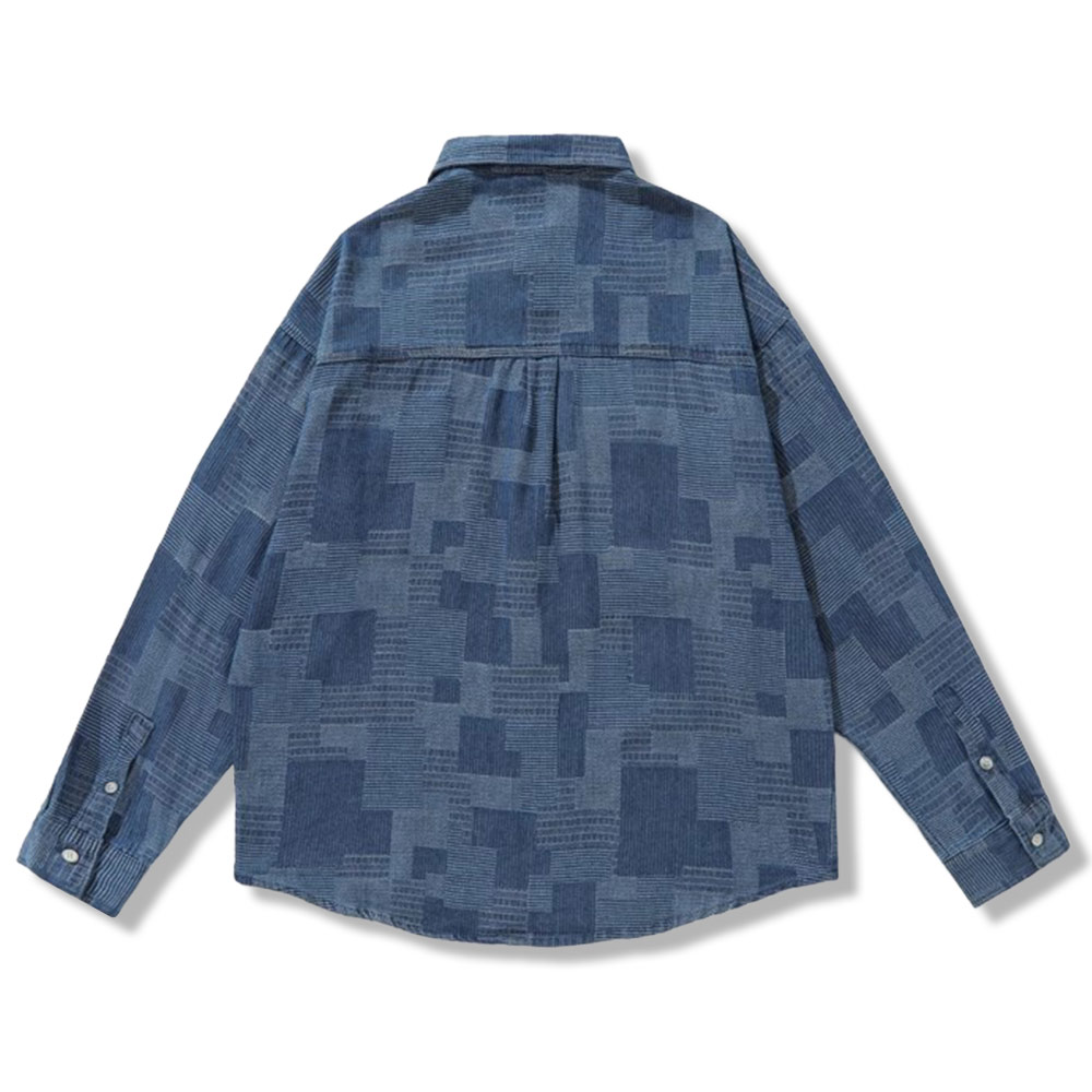 藍染めパッチワーク長袖デニムシャツ