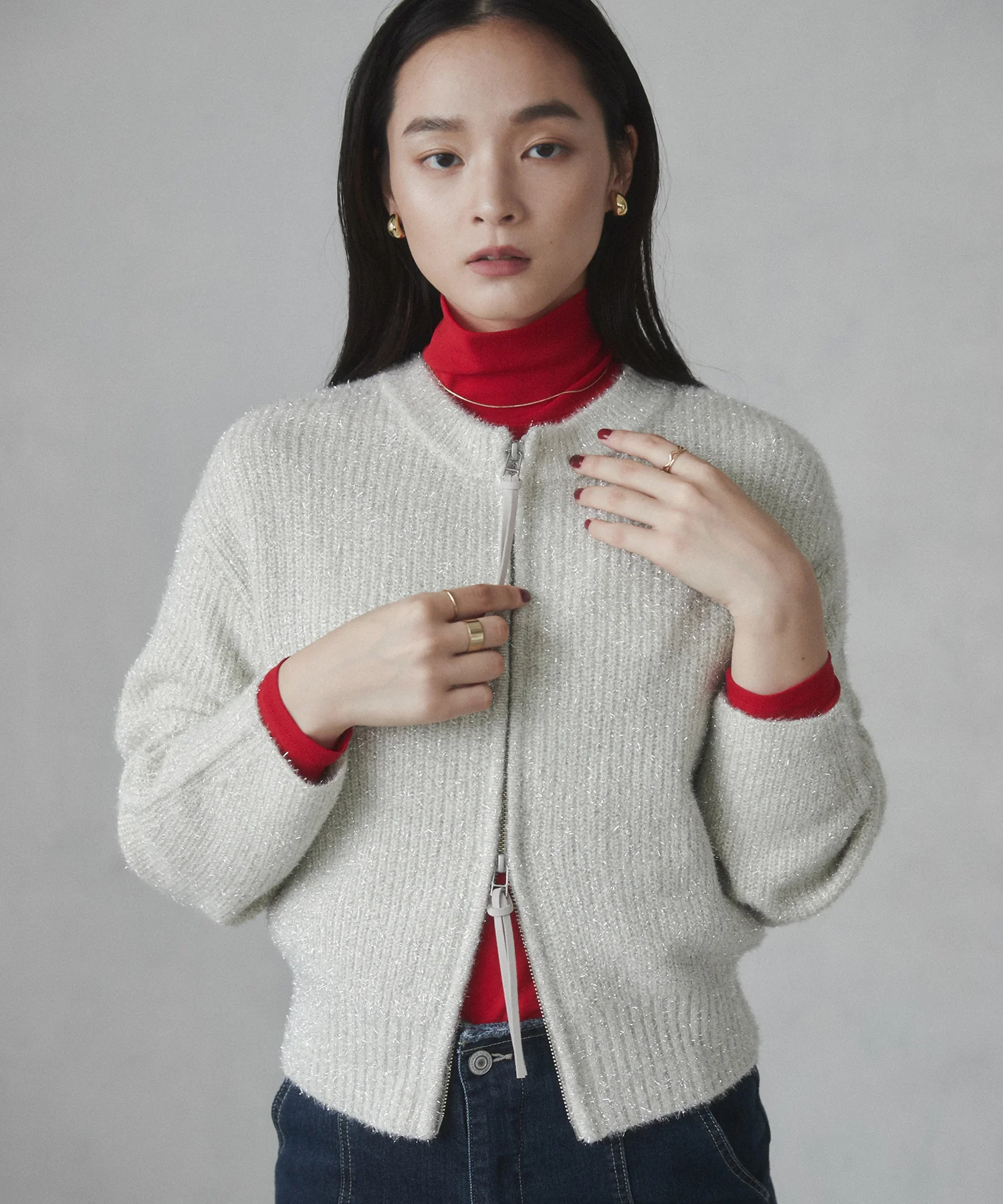 ラメフェザーニット Wジップブルゾン