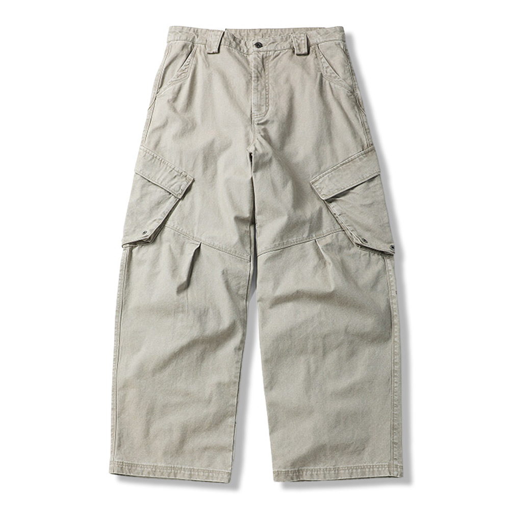 リップストップコットンキャンバス　不規則ポケット付きカーゴパンツ
