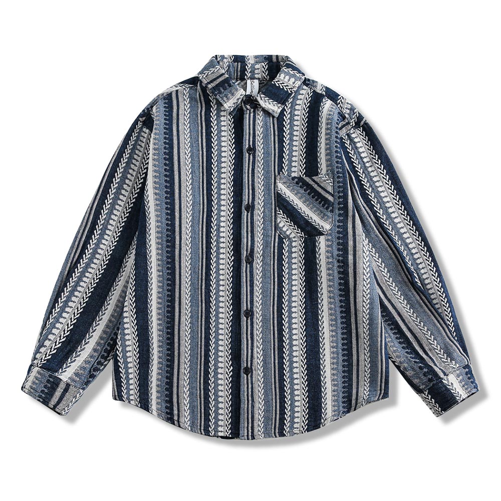 アメカジ　レトロ風編みストライプ長袖シャツ