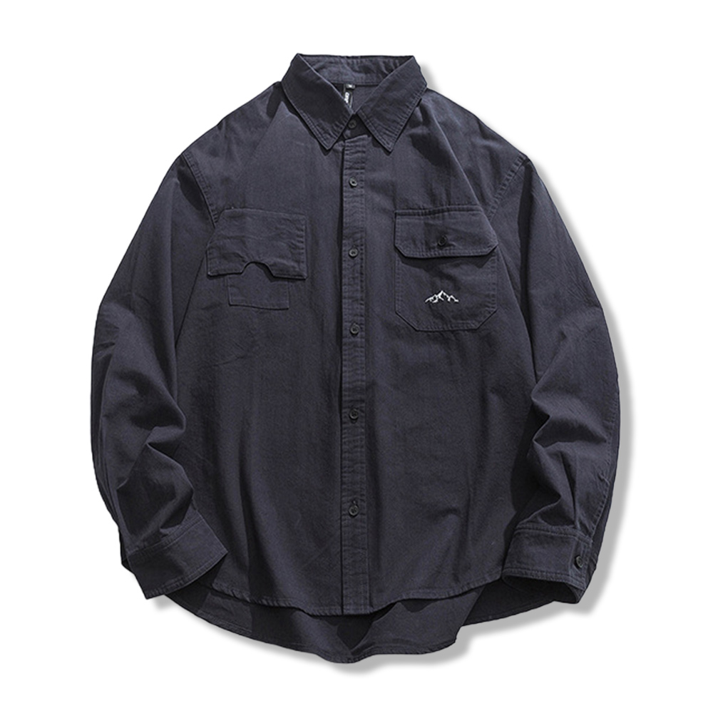 無地　 ミニマル刺繍入りワーク長袖シャツメンズ