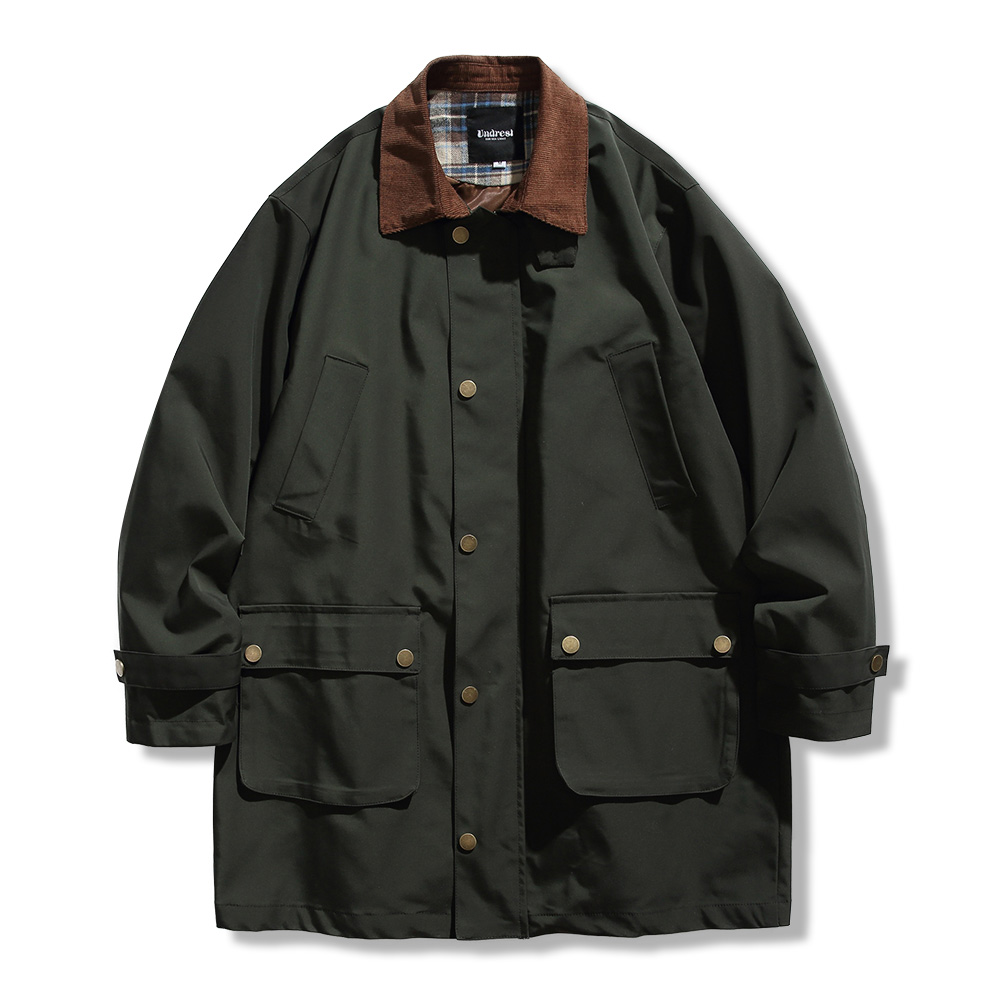 コーデュロイ切り替えブリティッシュハンティングジャケット　ミディアムロング