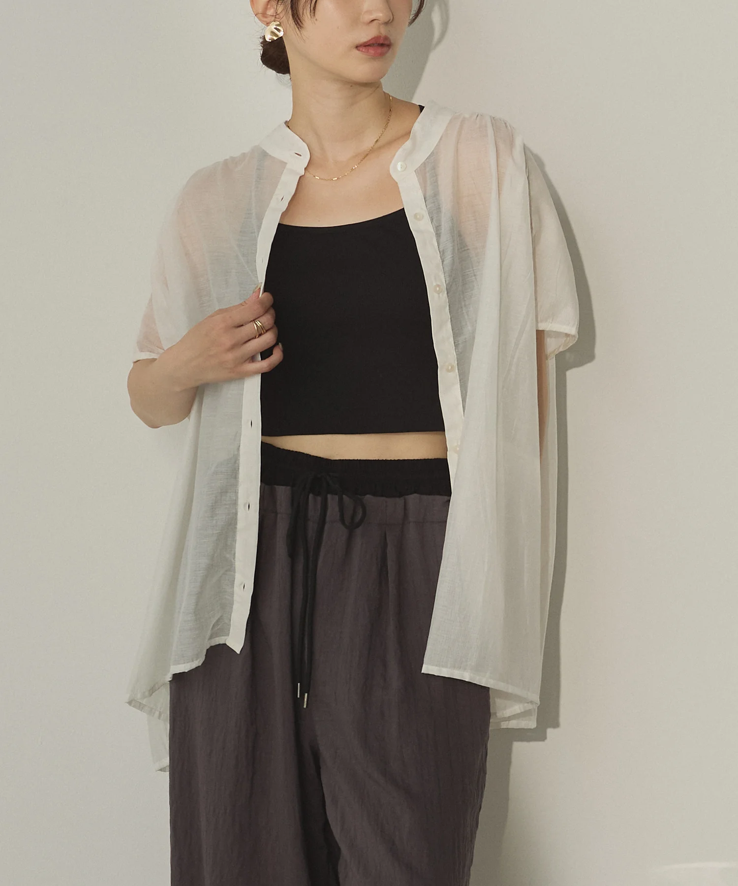 バンドカラー フレンチスリーブブラウス