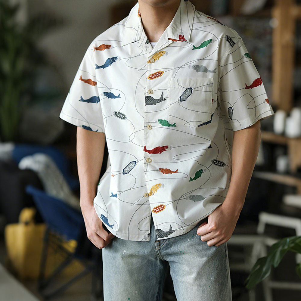 「魚」テンセル総柄半袖アロハシャツ