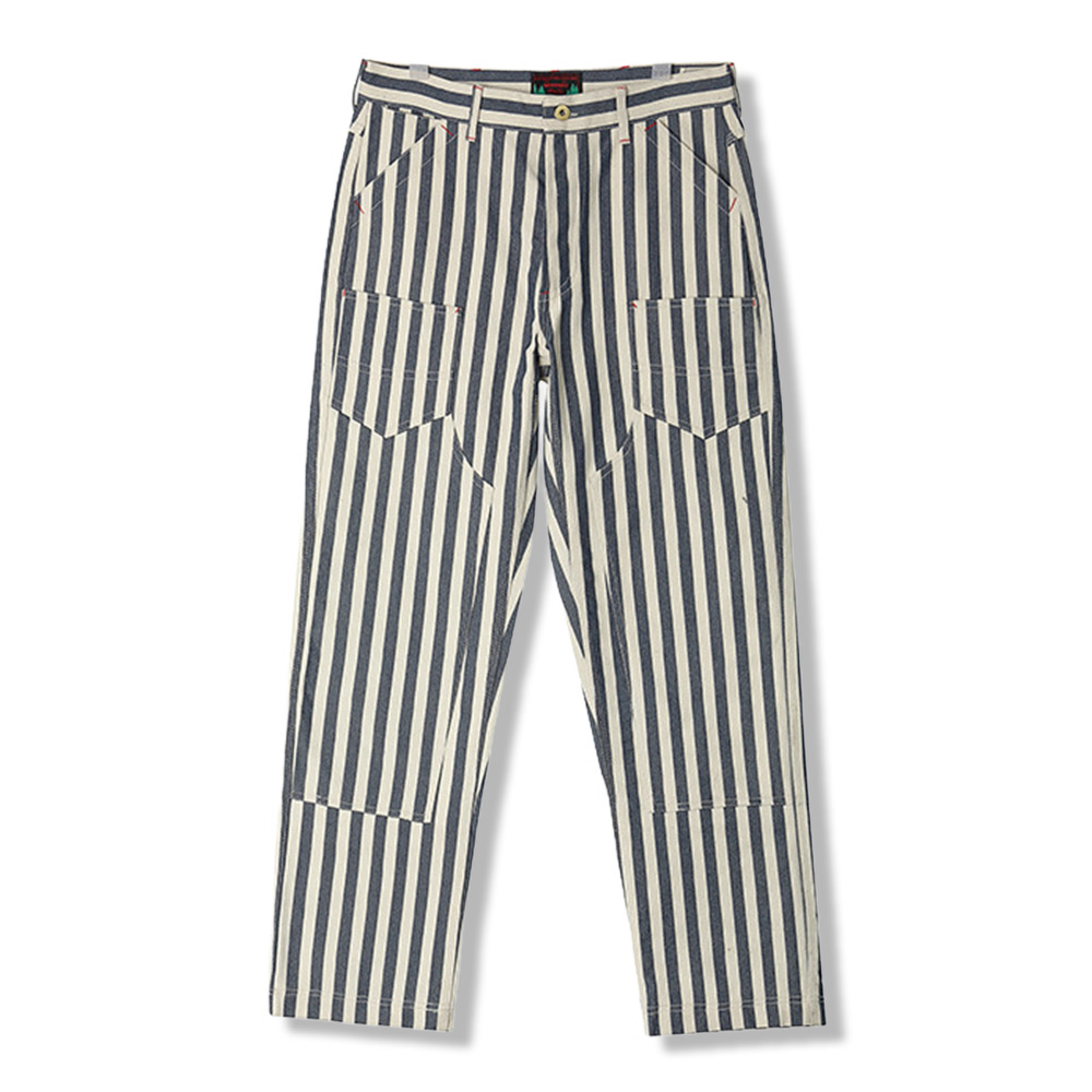 14オンス厚手仕様　 カスタム織りブルーワイドストライプロガーワークパンツ