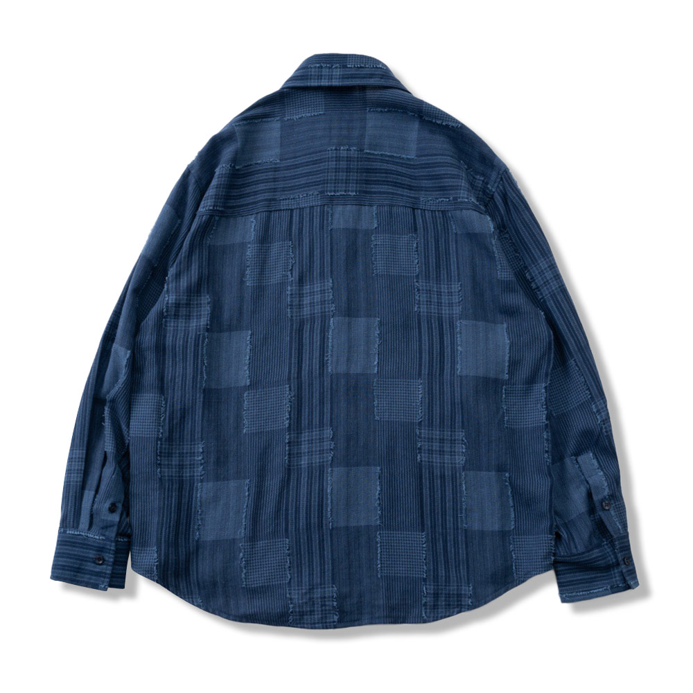 和風ストライプパッチワーク先染め　テクスチャー生地長袖シャツ