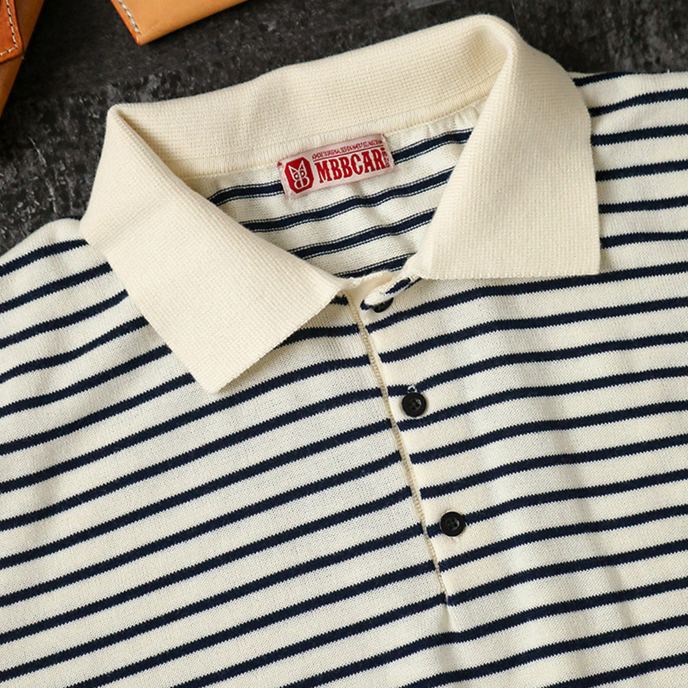 アメリカンレトロ　ボーダー柄オールドマネースタイルポロニットシャツ