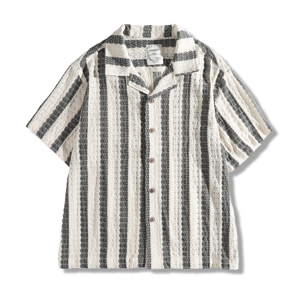 アメカジ　メンズストライプメッシュ編みシャツ半袖