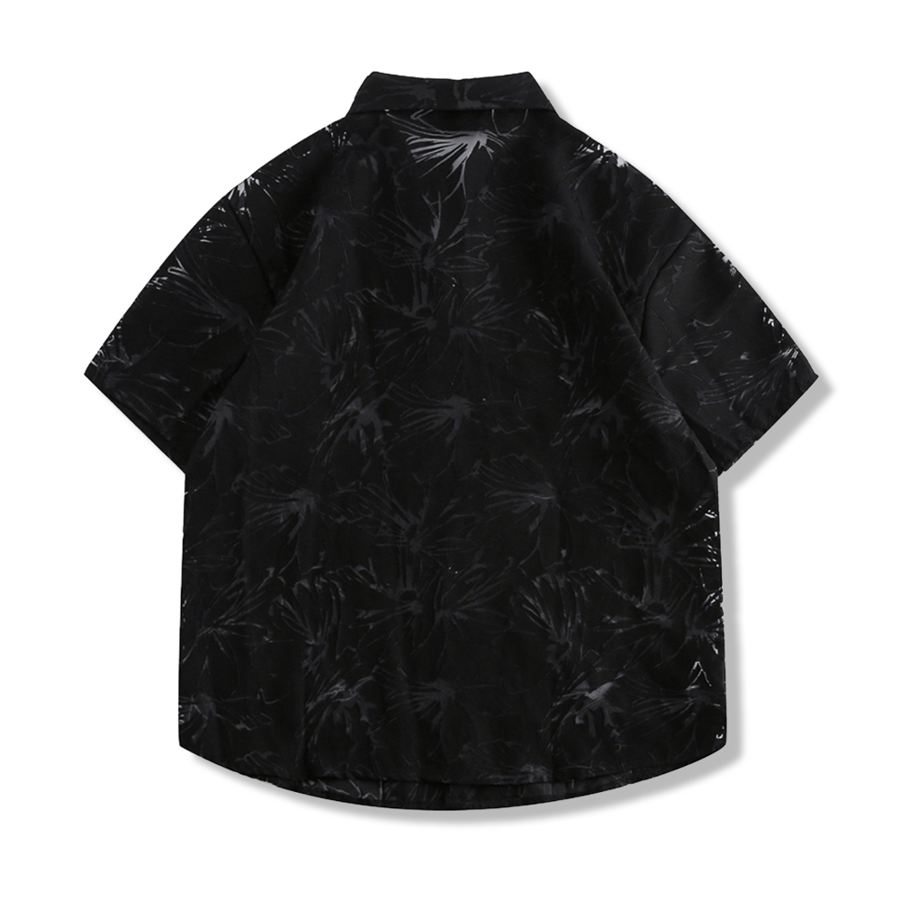 透かし彫り花柄　半袖開襟シャツ