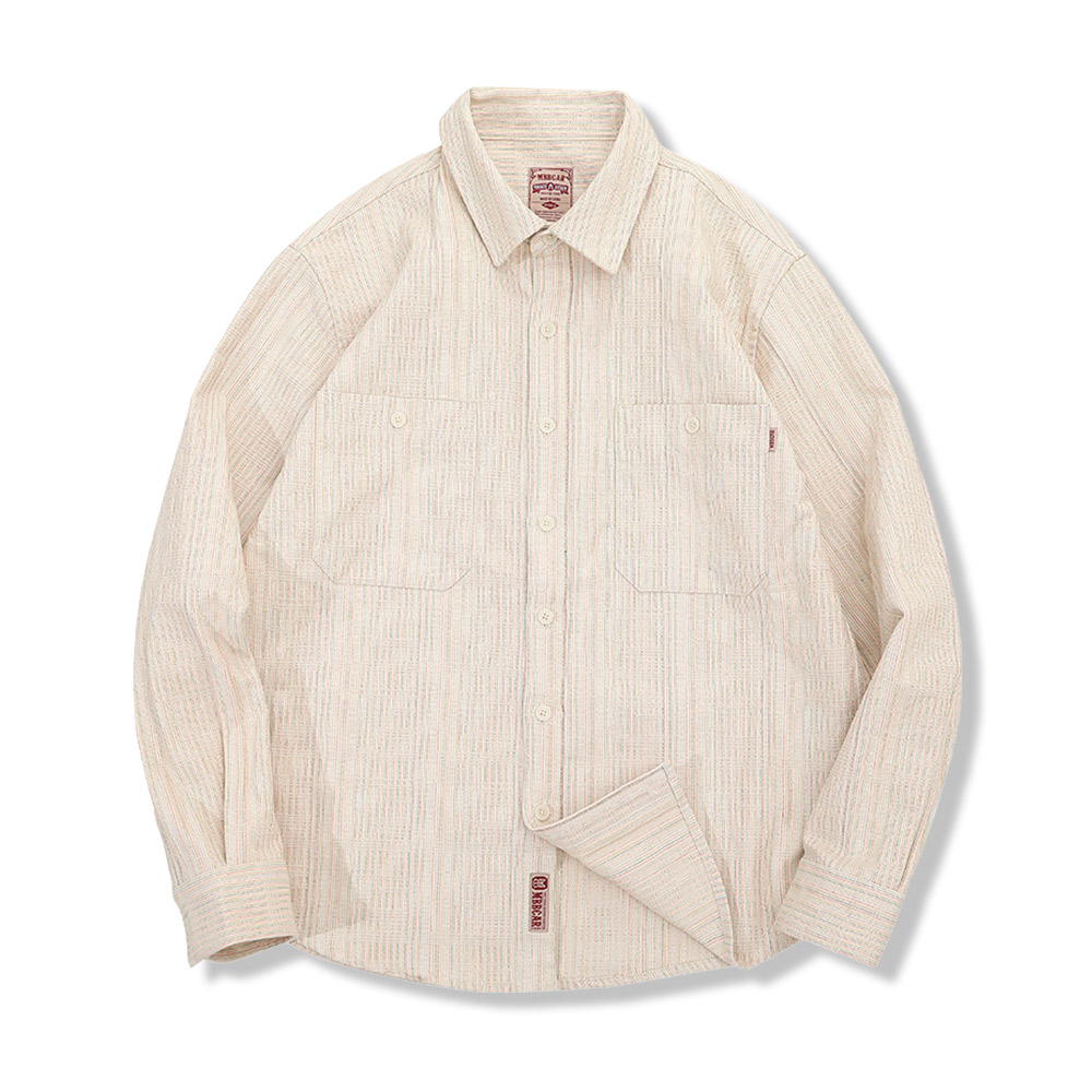 テクスチャーのある先染め　生成りコットン長袖シャツ