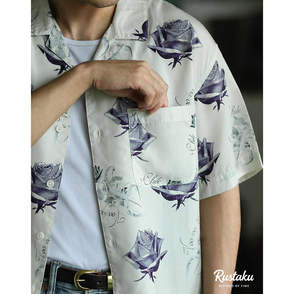 冷感リヨセル　サソリとバラの総柄アロハシャツ