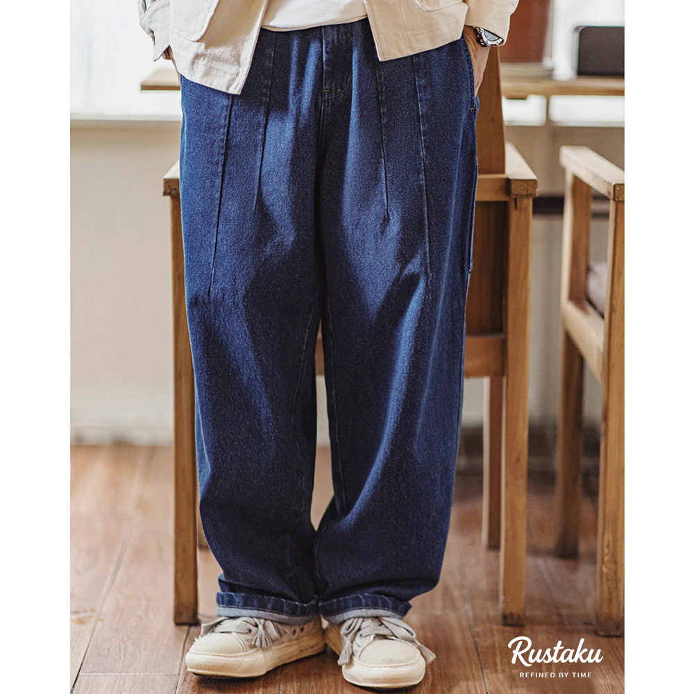 改良版ワーク風　タック入りゴムウエストテーパードデニム