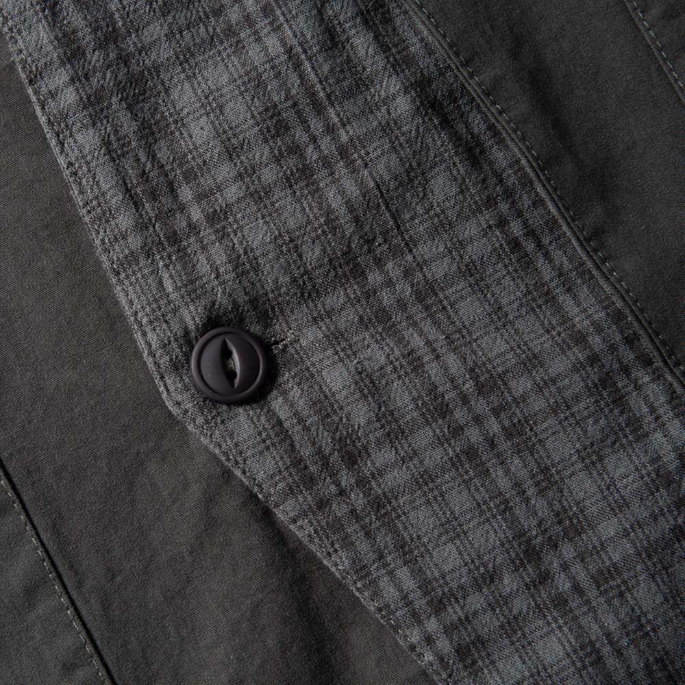 チェック柄切り替え　和風ノーカラーシャツ半袖