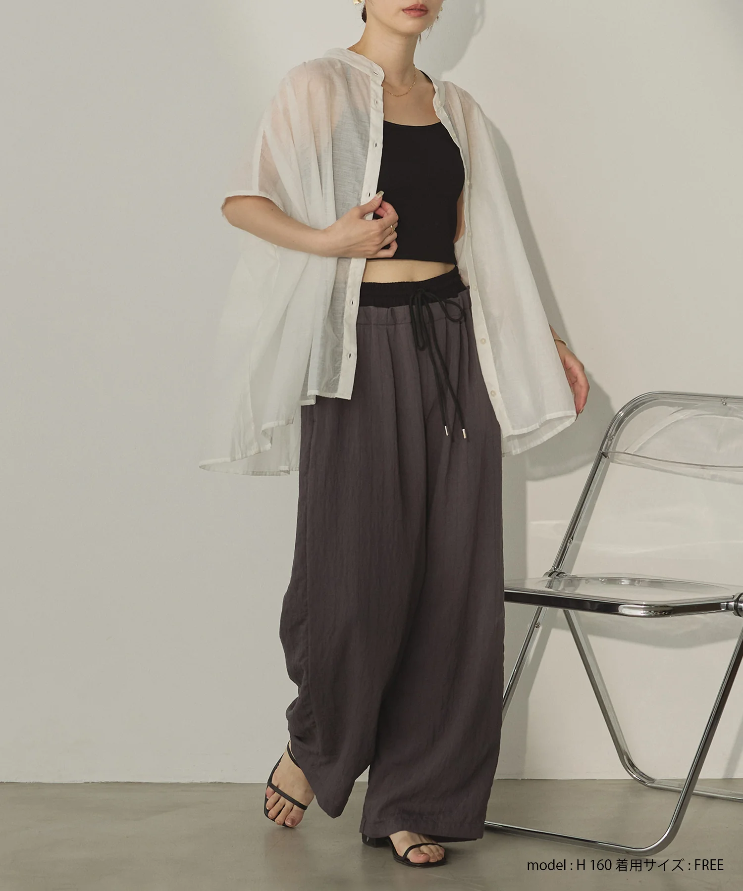 バンドカラー フレンチスリーブブラウス