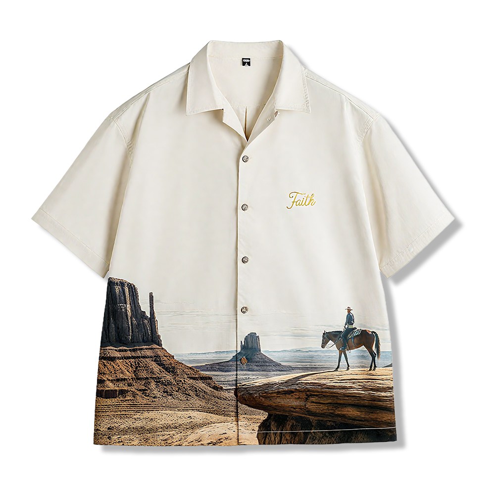 「モニュメントバレー・ライダー」軽量チェーンステッチ刺繍折り襟シャツ