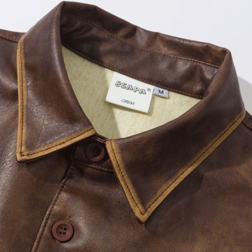 アメカジ　アンティーク風レザー長袖シャツ