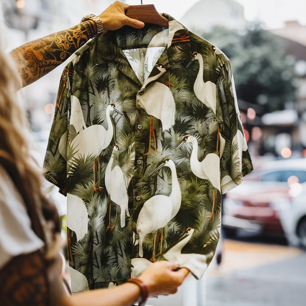 「松と鶴」プリント　シワ防止接触冷感開襟シャツ