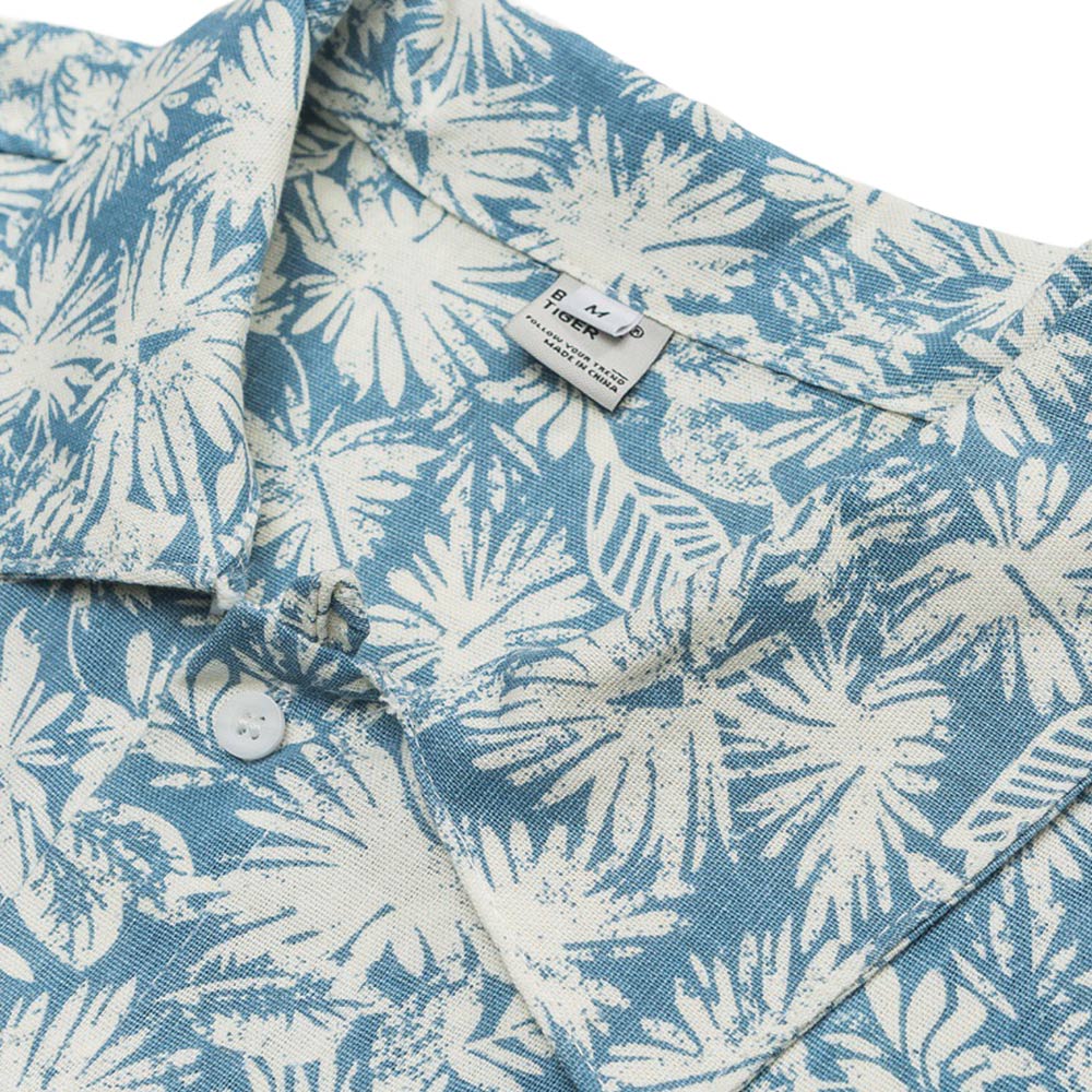 ハンドメイド調植物柄コットンリネンシャツ半袖