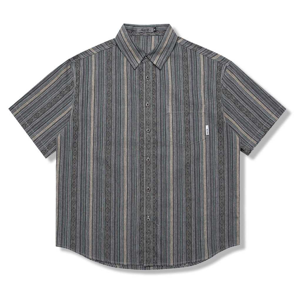 和風先染めストライプ　幾何柄ジャカード半袖シャツ