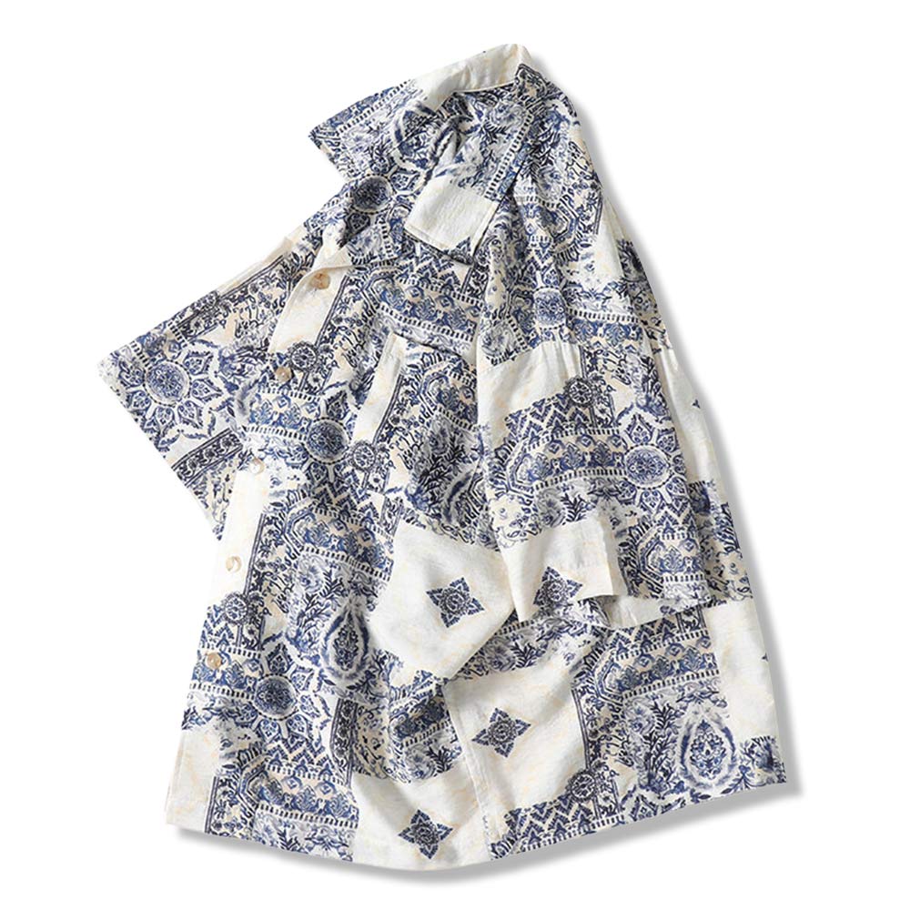 青花磁器ブルートーンプリントリネン風開襟シャツ