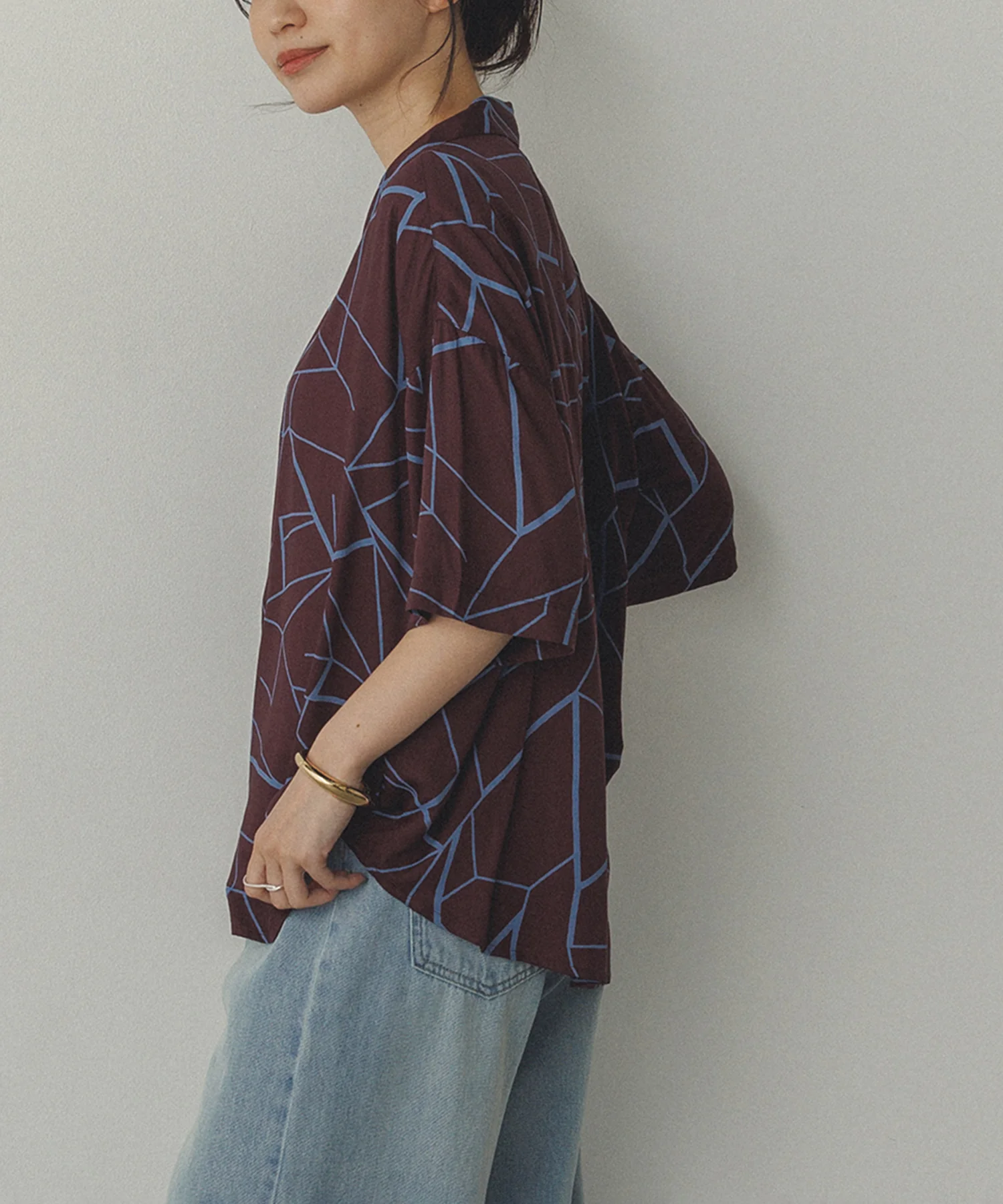 ビスコースサテン プリント開襟シャツ