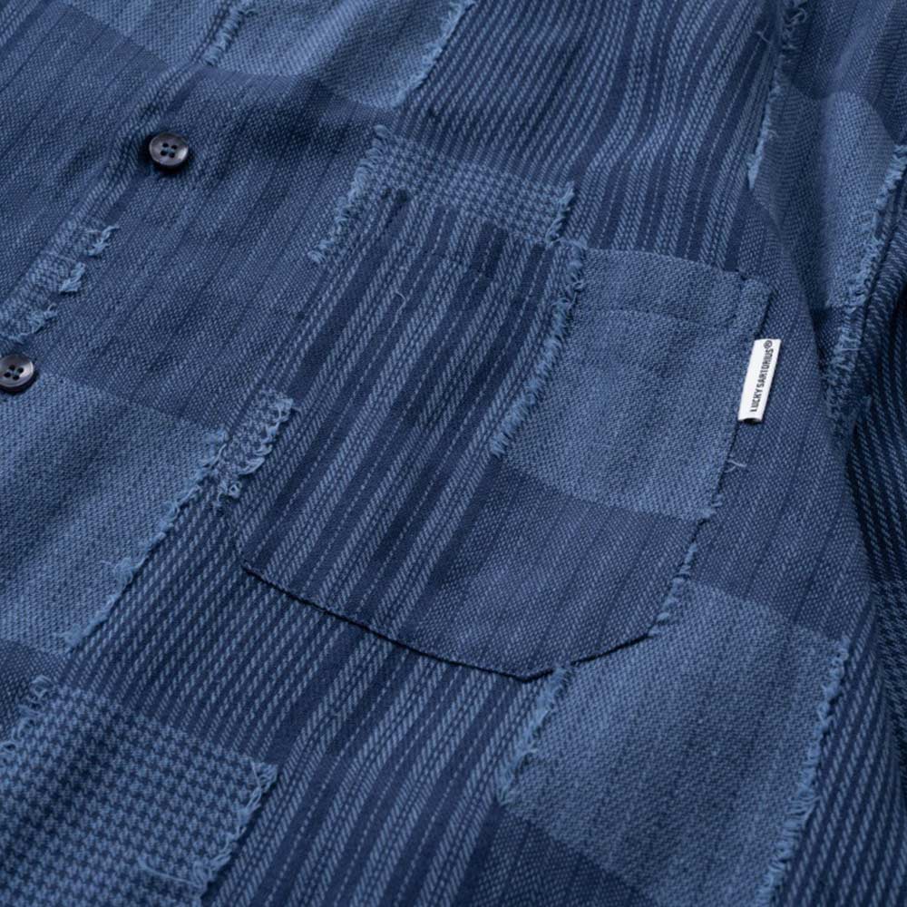 和風ストライプパッチワーク先染め　テクスチャー生地長袖シャツ