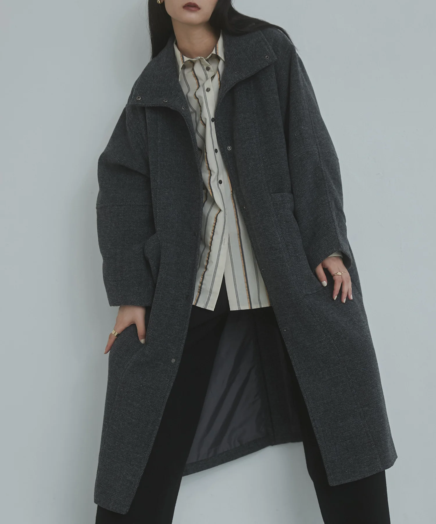 杢ヘリンボーン スタンドカラーコート
