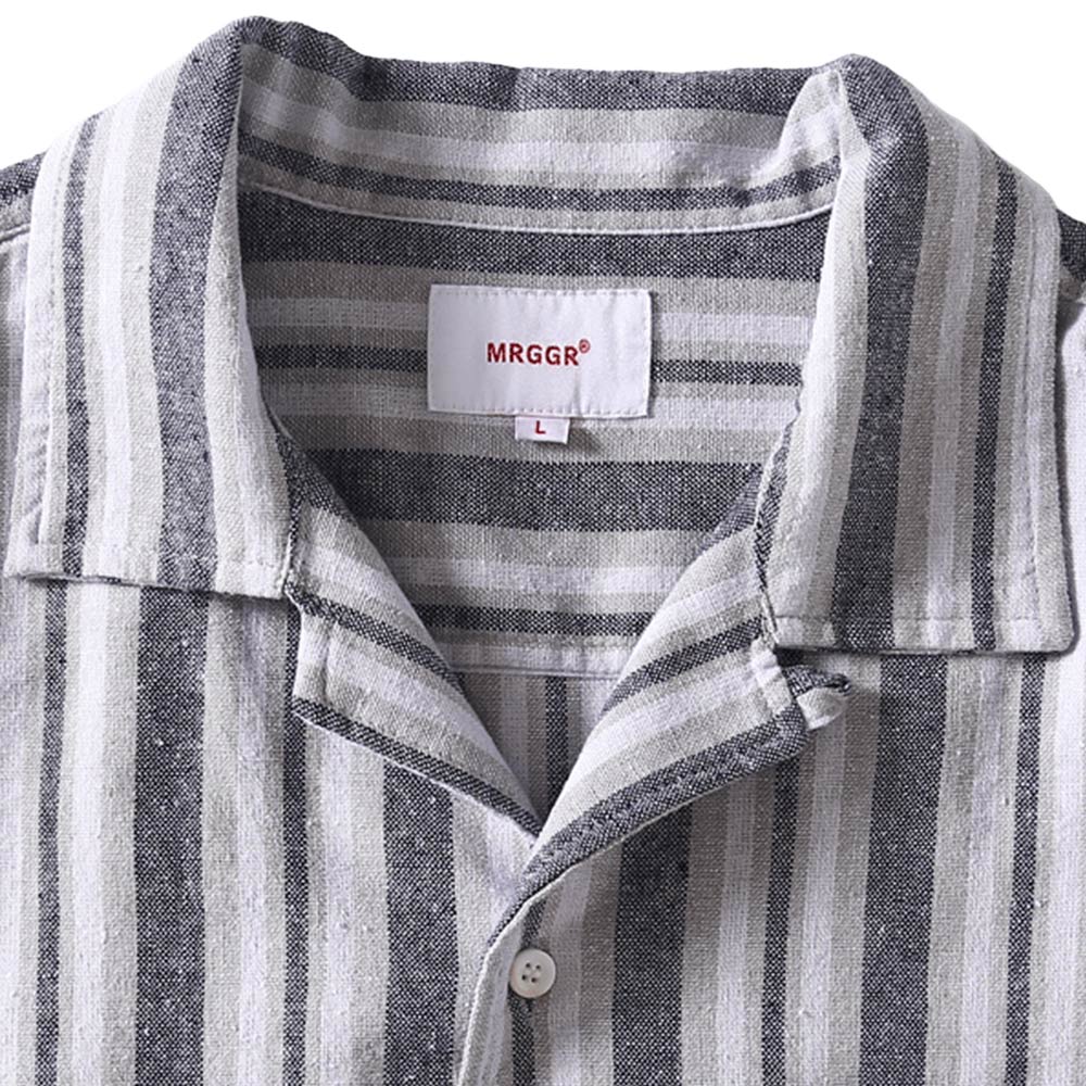 ヴィンテージ風リネンストライプ開襟シャツ半袖 