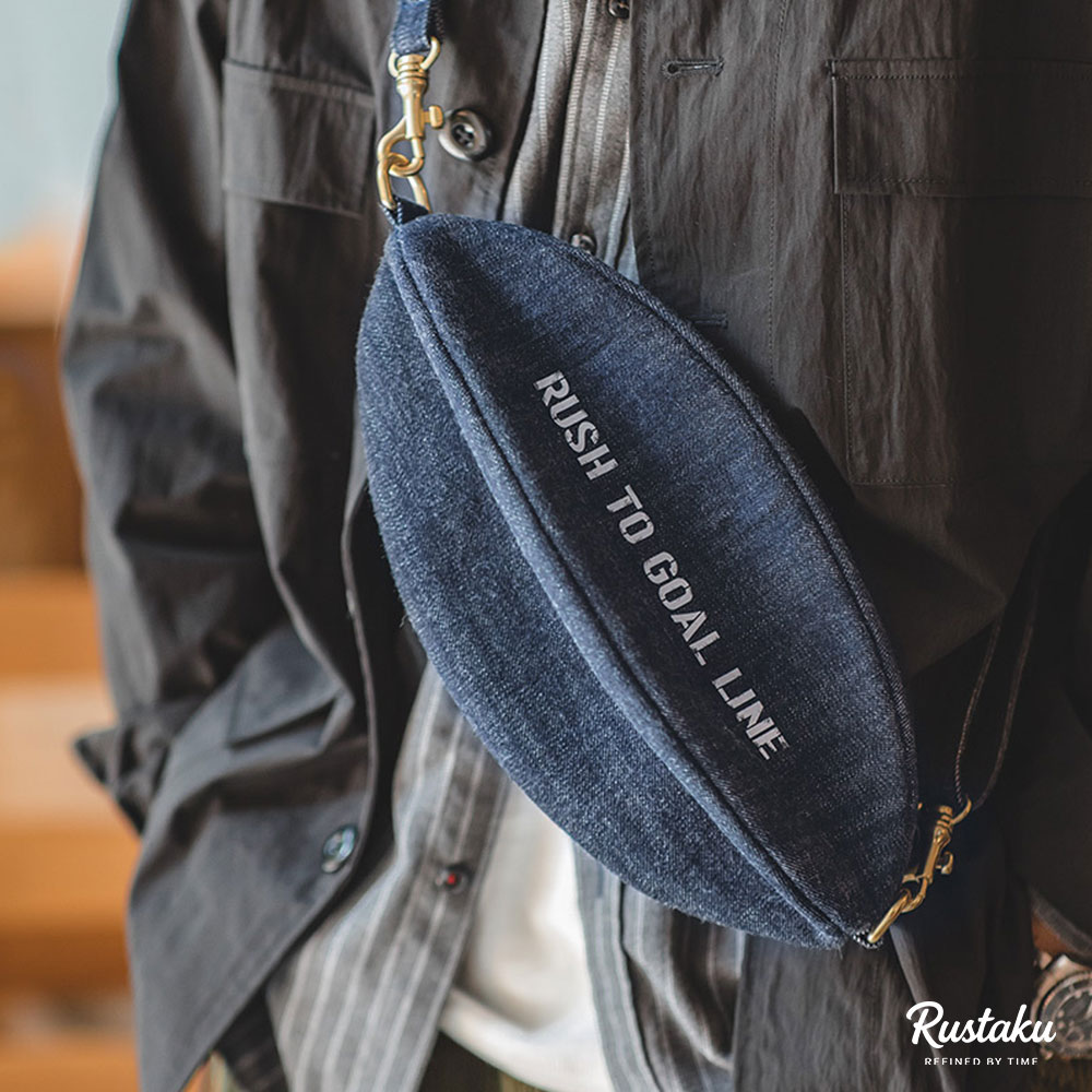 アメリカンヴィンテージ　 ビッグサイズデニムラグビーボール型ショルダーバッグ