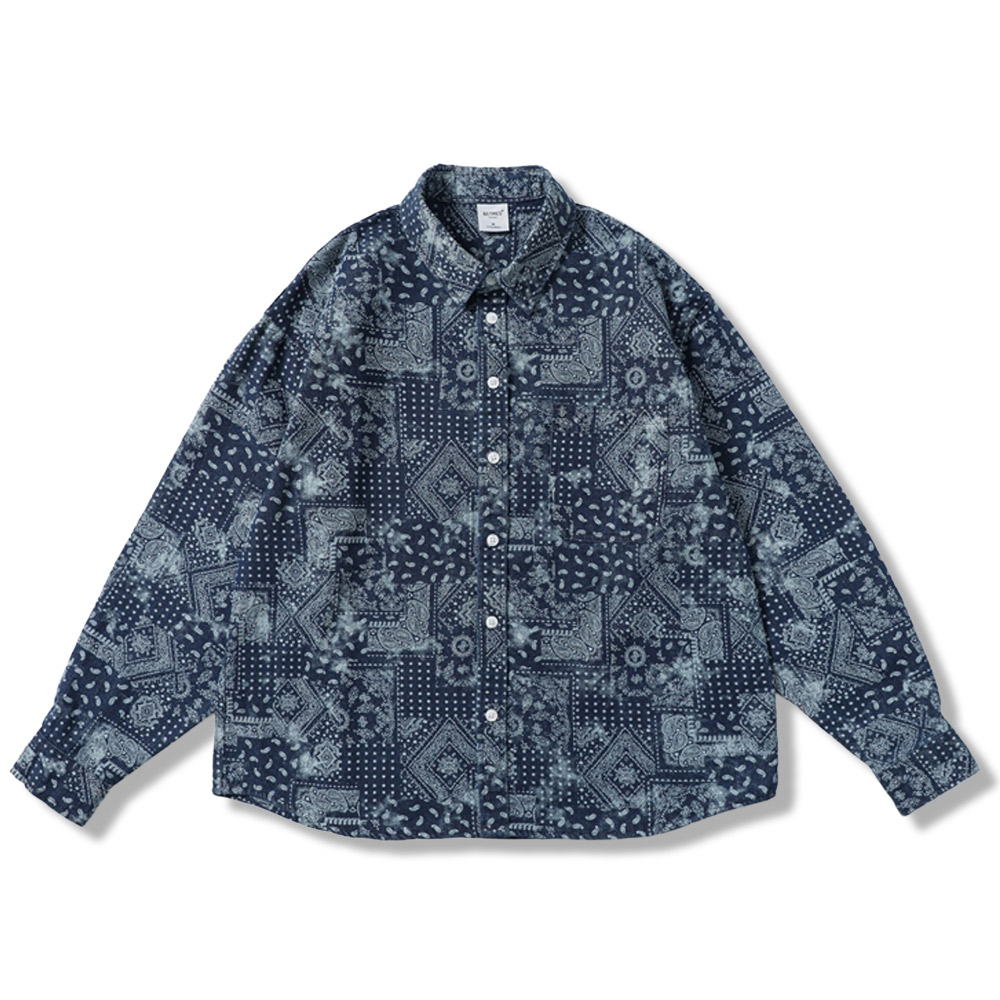 ソフトウォッシュドコットンデニムシャツ 　ペイズリー総柄プリント
