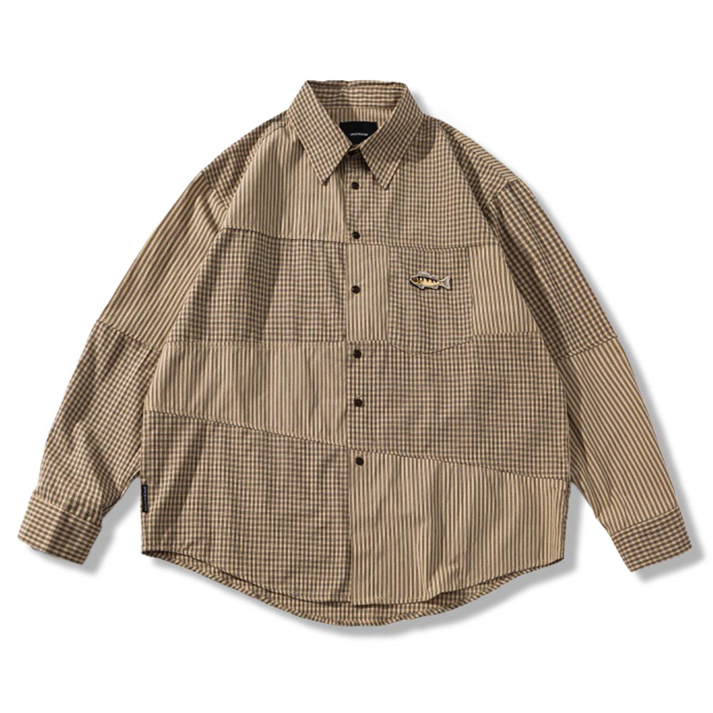 レトロ先染めチェック 　魚マジックテープ長袖シャツ