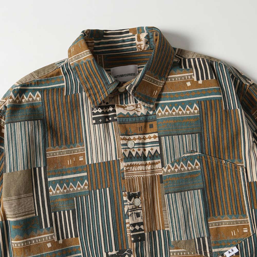襤褸風エスニック柄パッチワークプリント　長袖シャツ