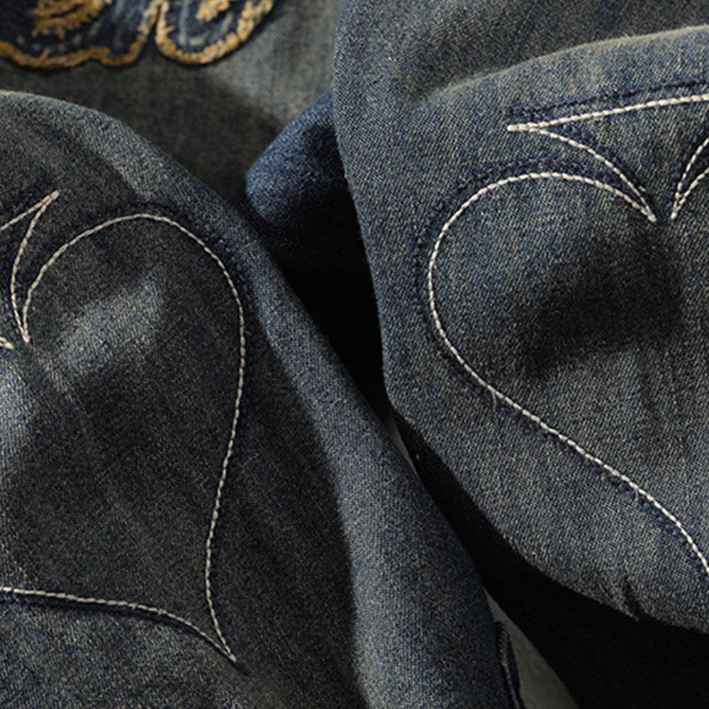 ジョーカーデビルカード　刺繍入り黄土ウォッシュデニムシャツ