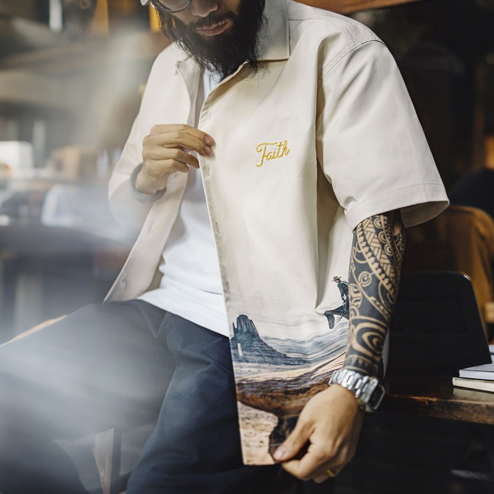 「モニュメントバレー・ライダー」軽量チェーンステッチ刺繍折り襟シャツ