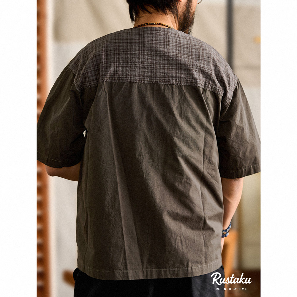 チェック柄切り替え　和風ノーカラーシャツ半袖