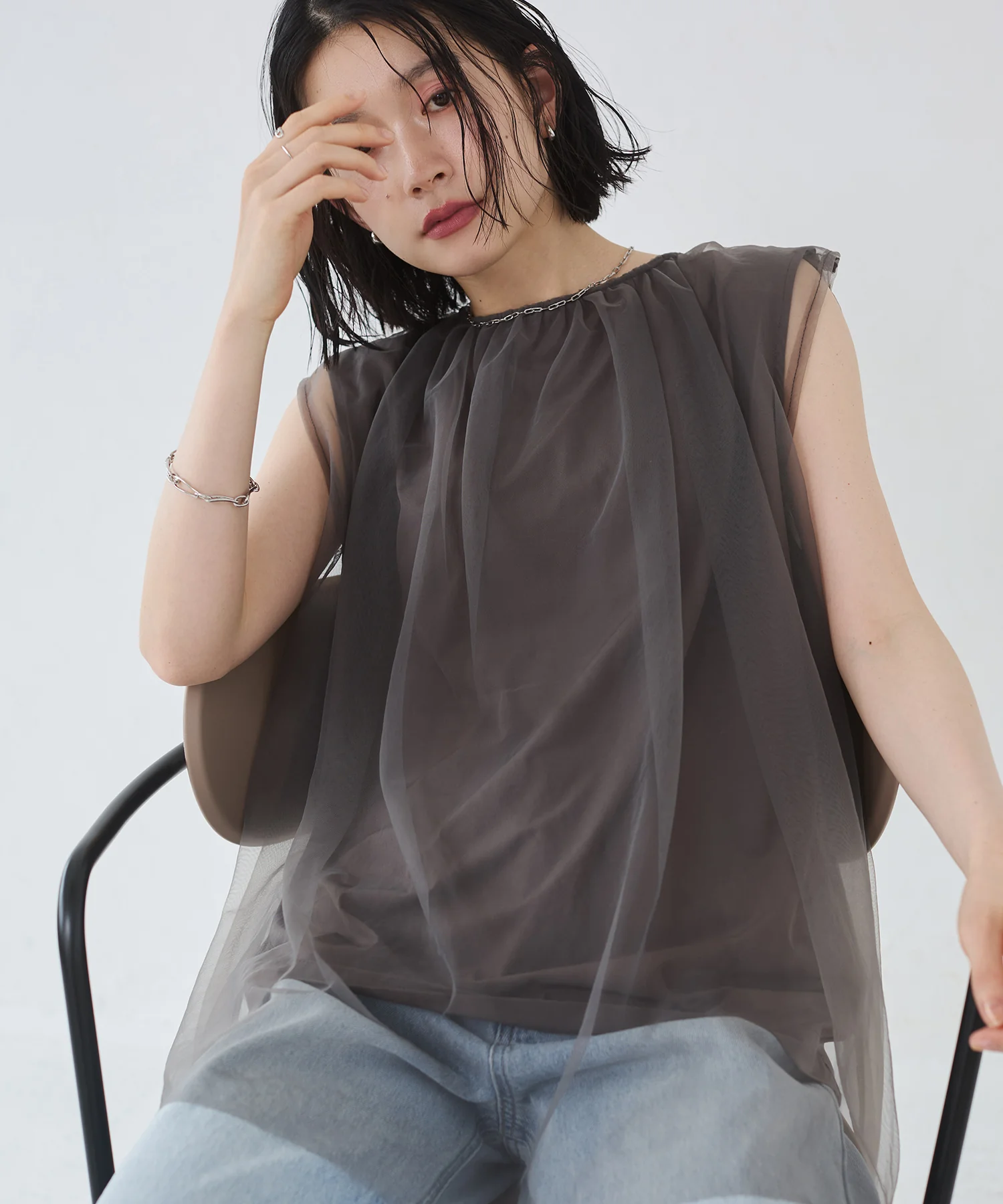 【接触冷感】チュールレイヤードトップス