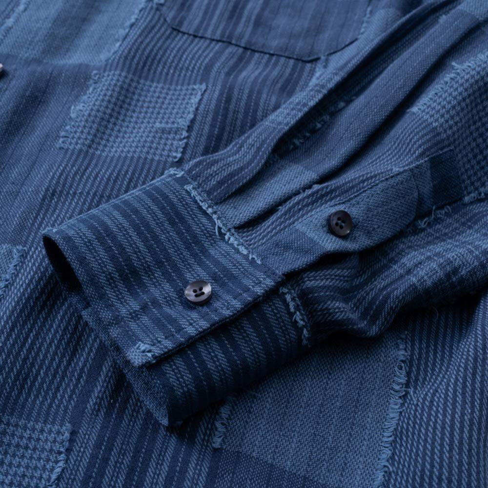 和風ストライプパッチワーク先染め　テクスチャー生地長袖シャツ