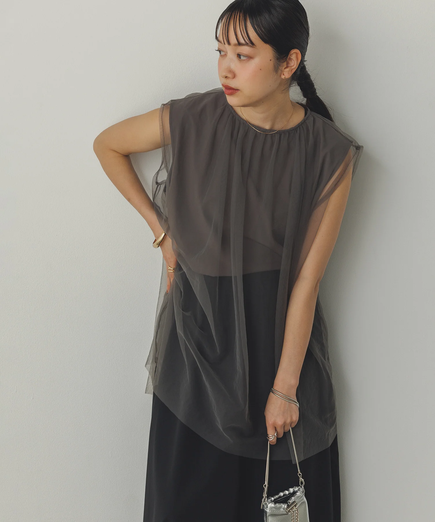 【接触冷感】チュールレイヤードトップス