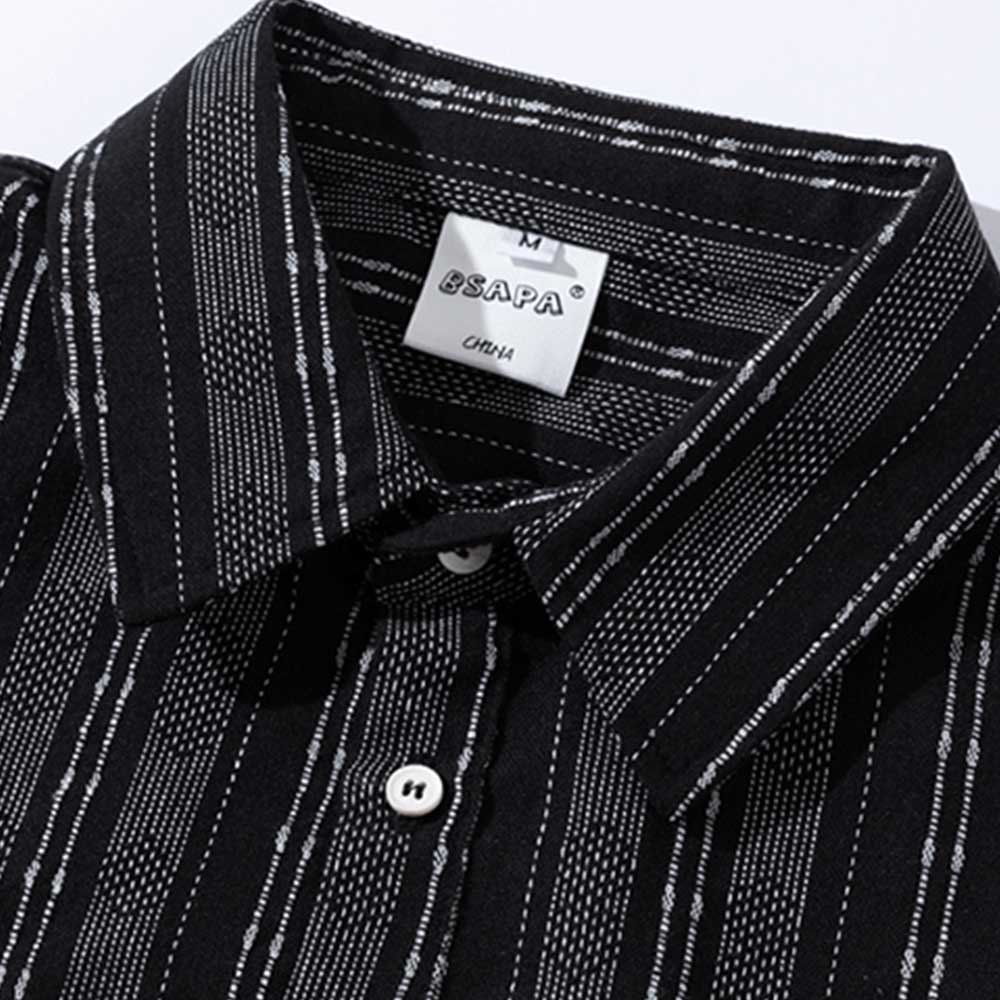 先染め配色ストライプ柄　和風コットンリネン長袖シャツ