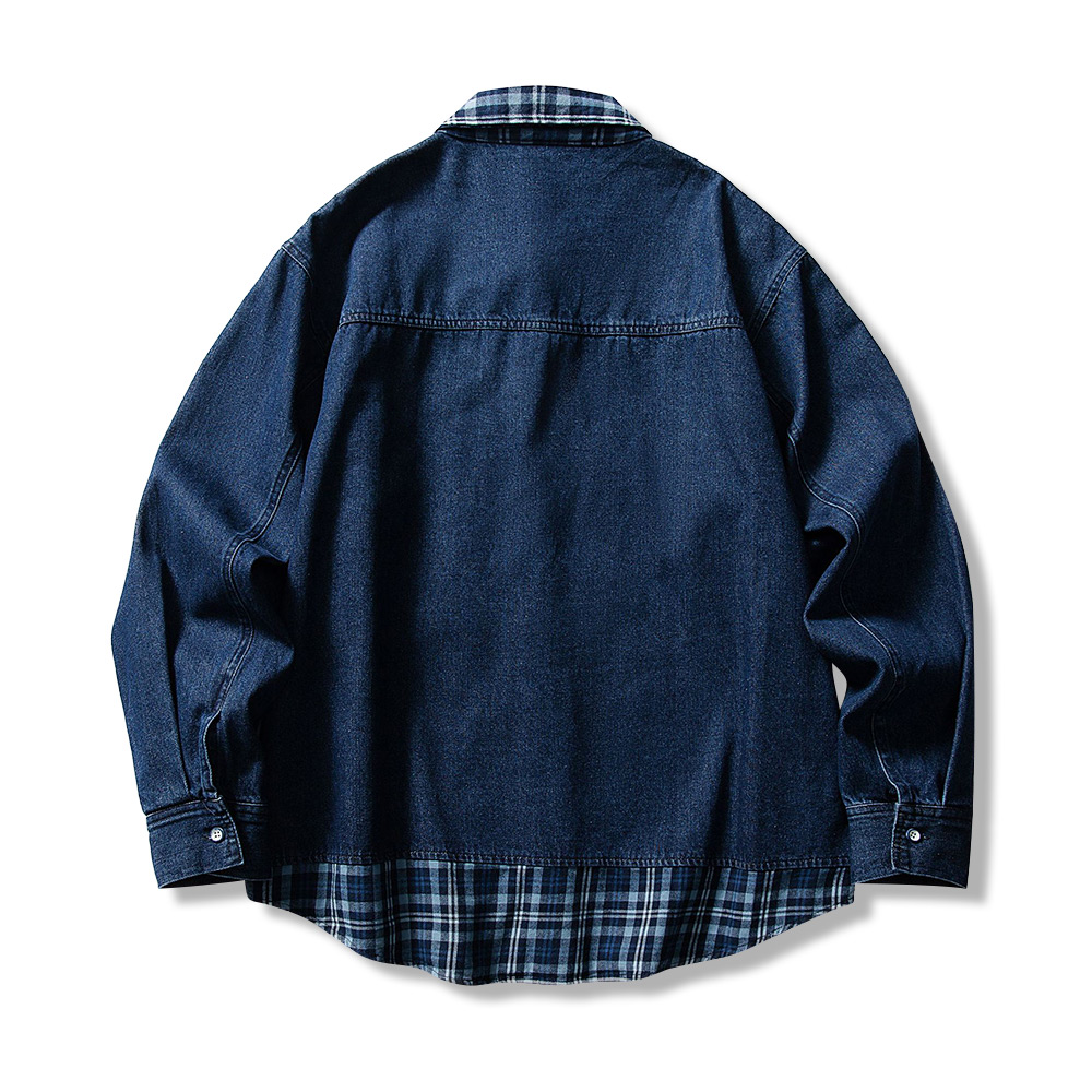 チェック切り替え折り襟デニムシャツ