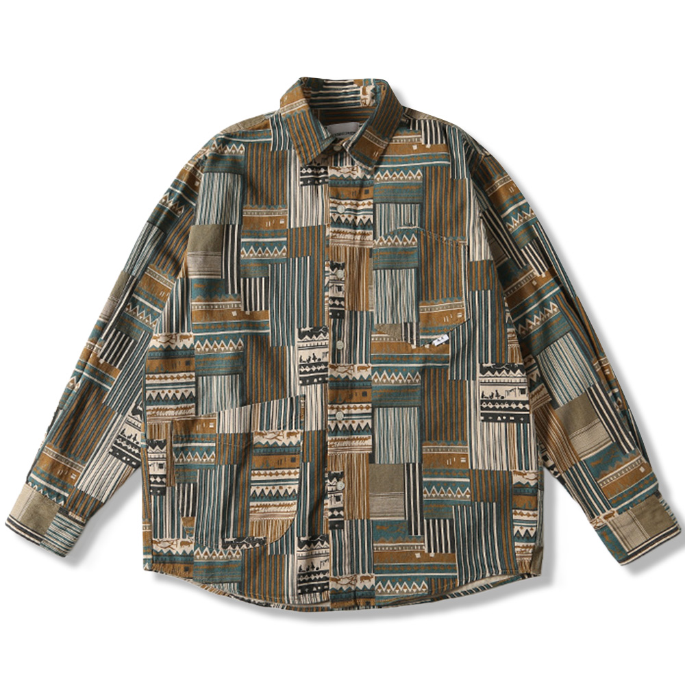 襤褸風エスニック柄パッチワークプリント　長袖シャツ