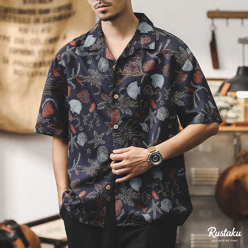 「潮干狩り」マリンモチーフプリント半袖シャツ