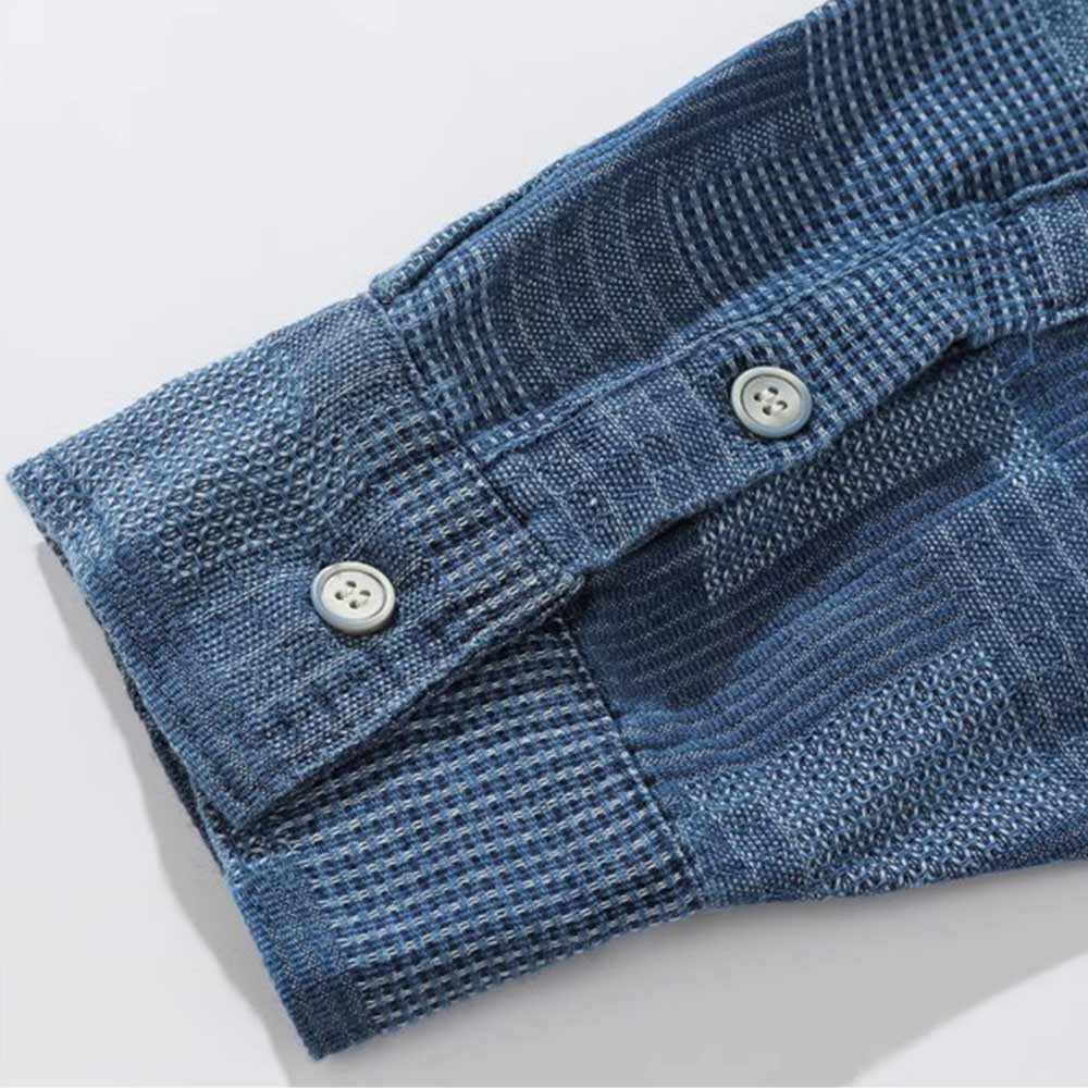 藍染めパッチワーク長袖デニムシャツ