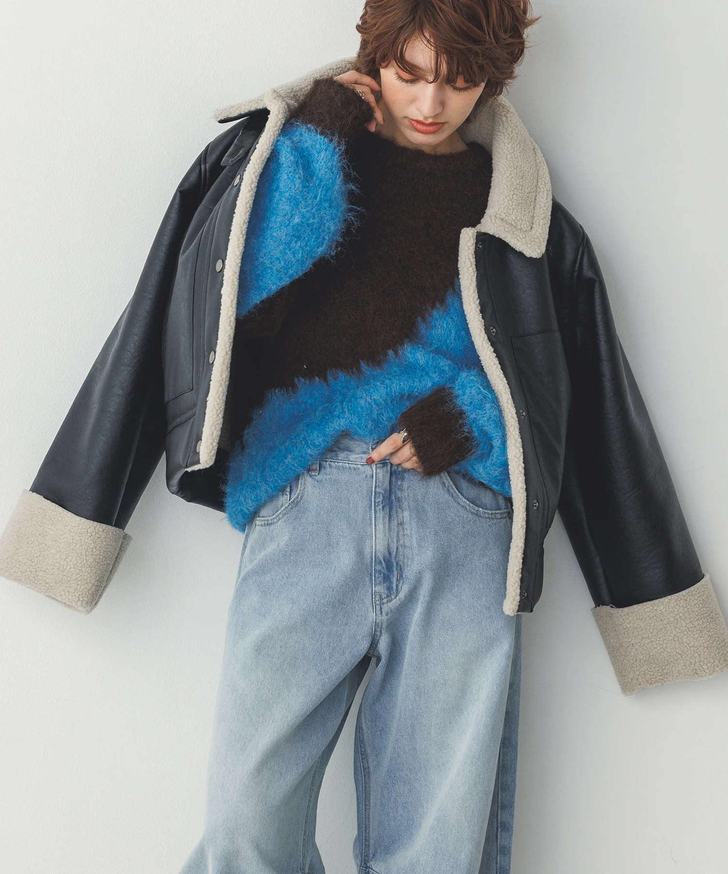 フェイクレザー×ボア ブルゾン