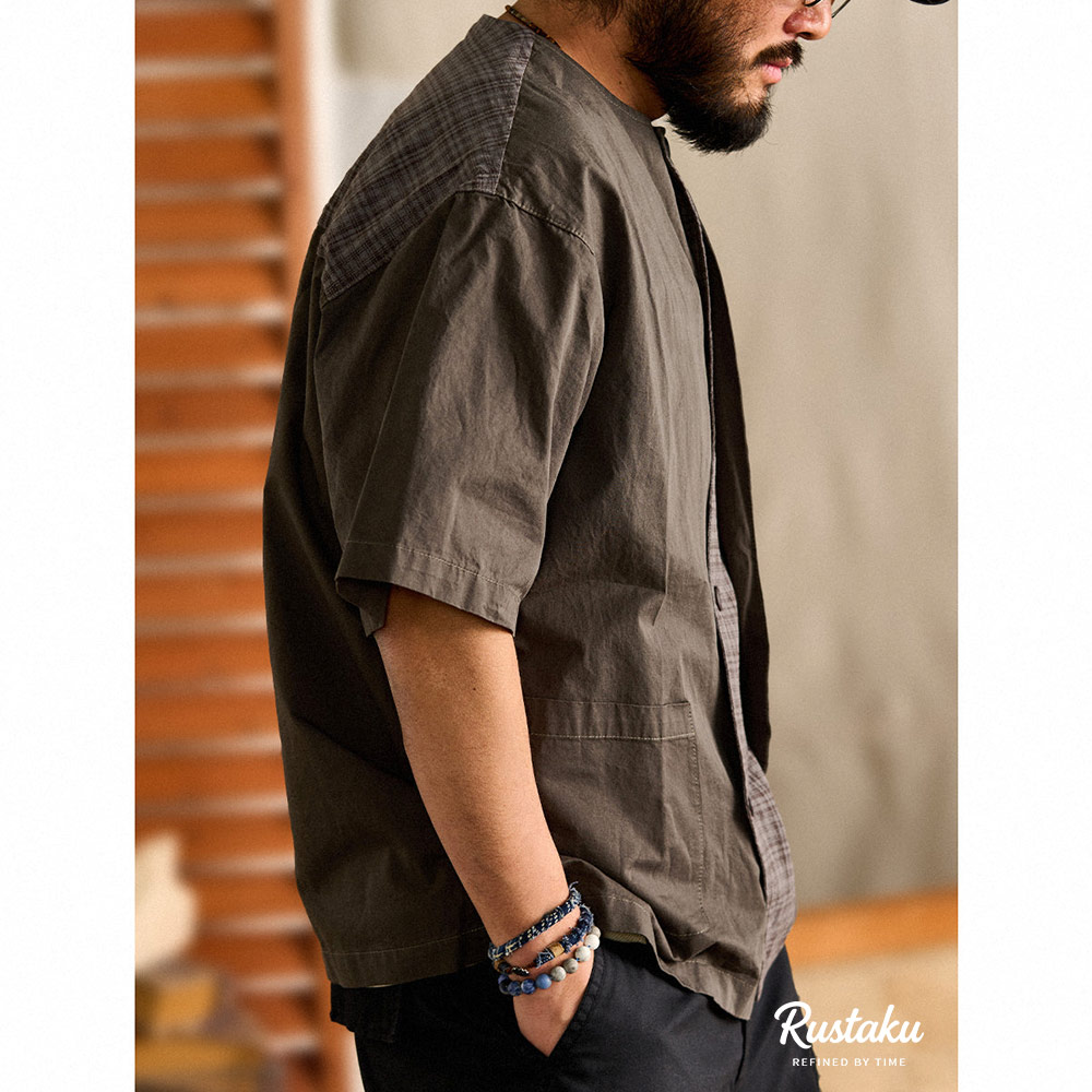 チェック柄切り替え　和風ノーカラーシャツ半袖