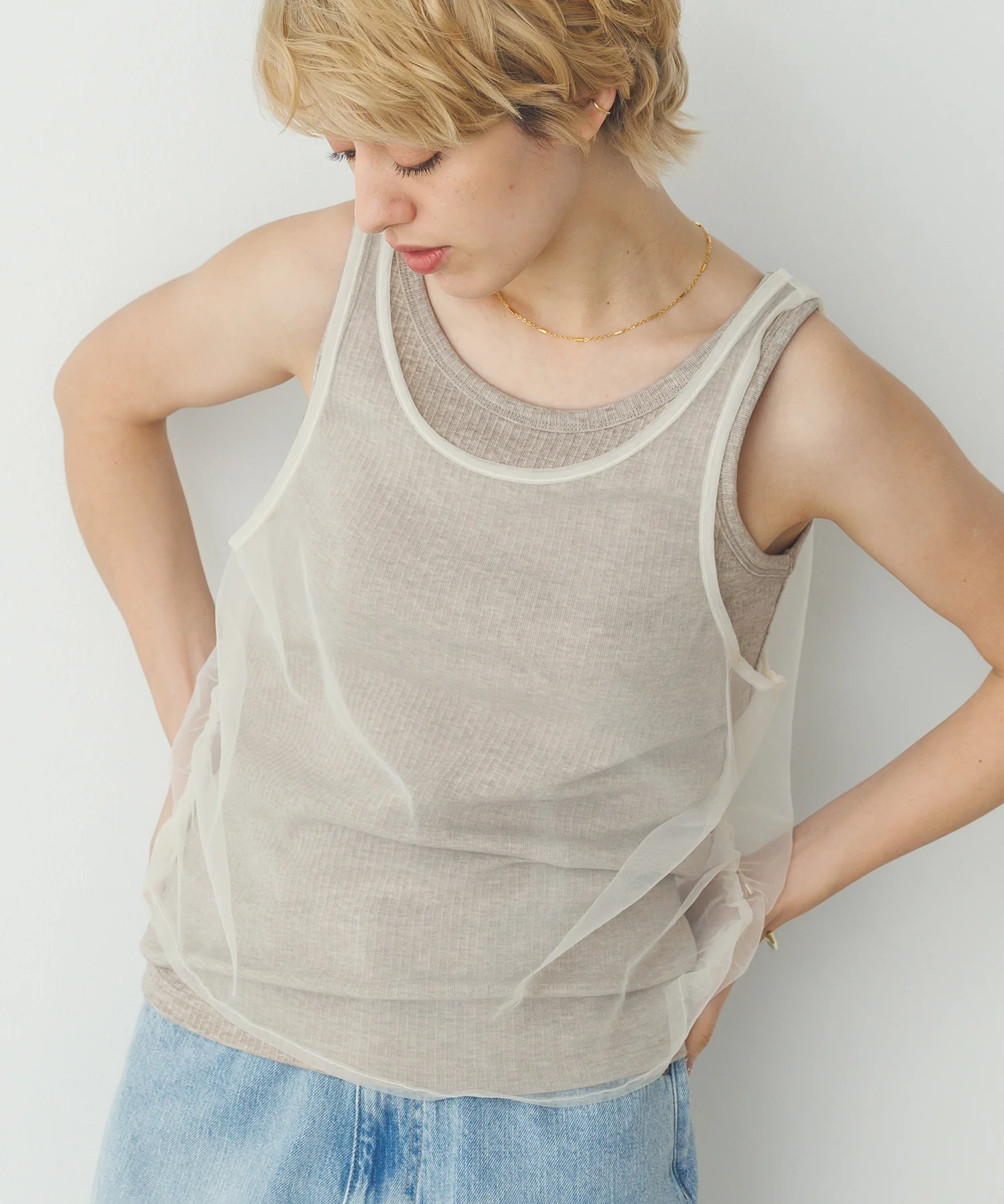 チュールレイヤード リブタンクトップ