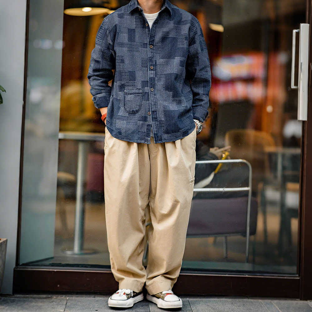 襤褸風刺し子先染めデニムシャツ