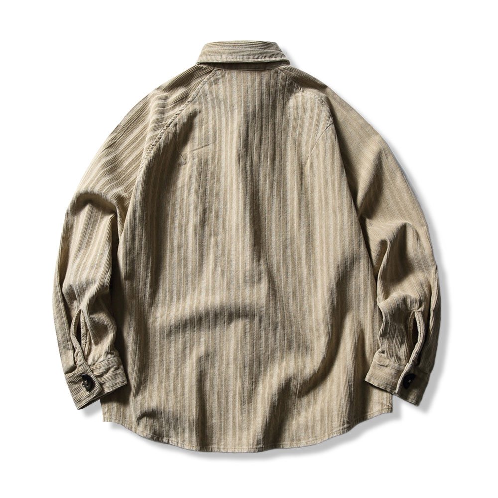 ダッフルコート風　トグルボタン付きコーデュロイストライプシャツ長袖